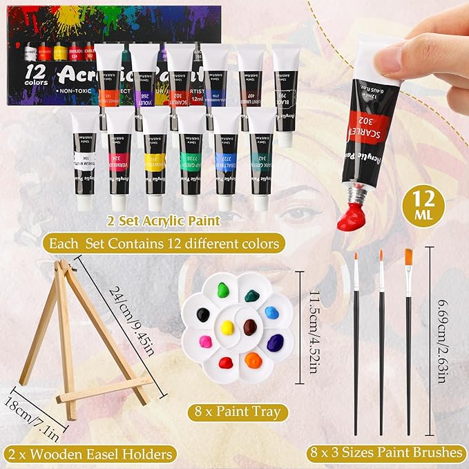 Cholemy 36 Pcs Paint and Sip Kit for Adults 8''x10'' Pre Drawn Canvas for Painting DIY Afro Acrylic Painting Kit Wood Easel Brushes Date Night Bulk for Father's Day Party Gifts(African Women)
