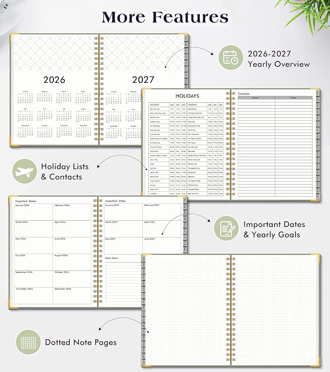 Planner 2026-2027, 18 Months Weekly and Monthly Hardcover Planner, January 2026 - June 2027, 8.5" x 11" A4 Large Daily Calendar Planner Book with Tabs, Spiral Yearly Agenda Organizer Notebook for School Work Home, Green