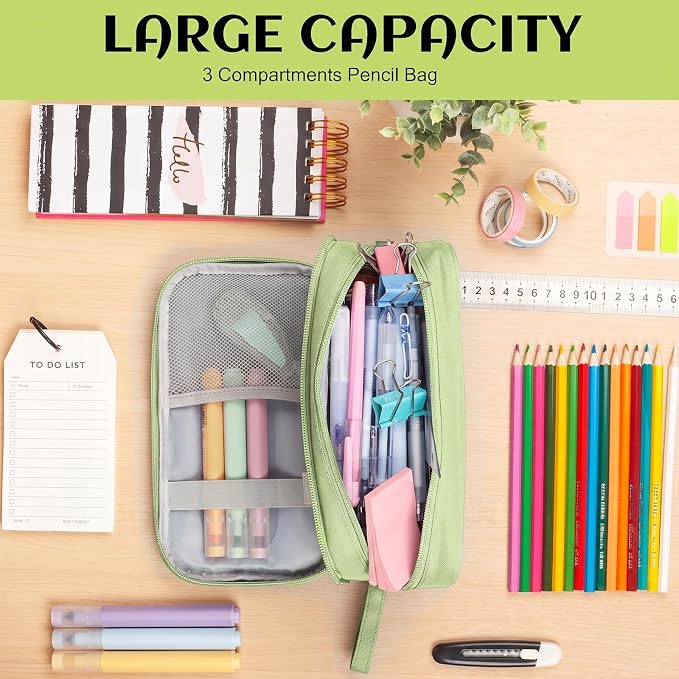 Pencil Case Big Capacity Pen Pouch Large Storage Holder Marker Pen Bag Durable 3 Compartment School Office Desk Organizer Portable Cute Zipper Stationery for Kids Teen Student Boys Girls Adults