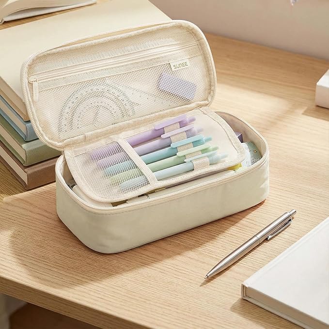 SUNEE Cute Pencil Case, Large Capacity Pencil Pouch, Big Storage Organizer for Stationery, Zipper Pen Bag, Back to School Supplies, Office Water-Repellent Nylon Pencil Bag for Teen Girls Boys, Cream