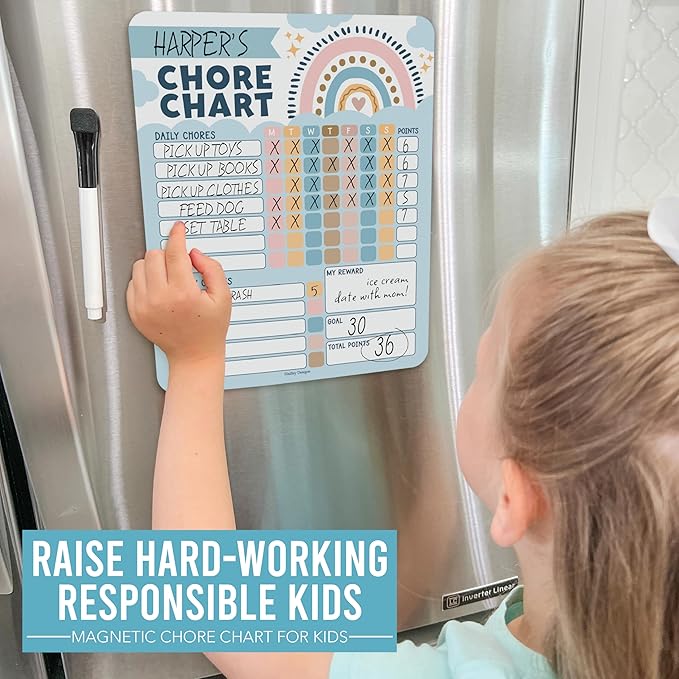 Hadley Designs Magnetic Chore Chart for Kids – Reward Chart for Kids, Dry Erase Responsibility Board for Children at Home, Fridge Behavior Tracker for Daily & Weekly Tasks, Boho Toddler Chore Board