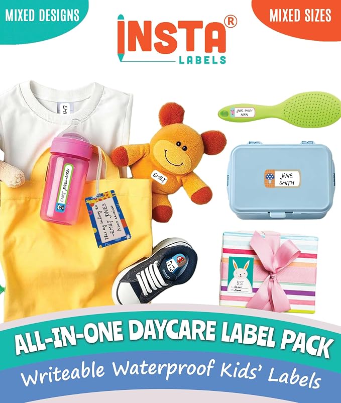 All-in-one Daycare Labels Essentials Pack - 168 Waterproof Name Labels for Kids Stuff Daycare, Clothing Name Stickers for Kids, Baby Bottle, Name Tags for Clothing, Gift Label Sticker & Bag Tags