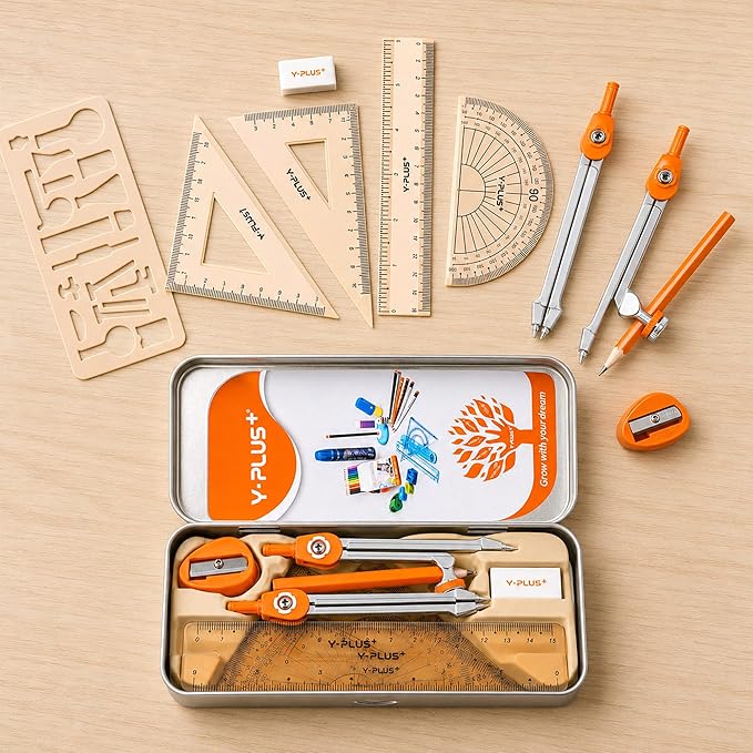 YPLUS Geometry Set for Students, Math Protractor Compass, Box of Protactors Kit for Class Supplies and School Kids Toddler - 11 Pcs