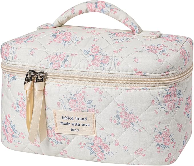 uekeboag Large Travel Quilted Makeup Bag for Women | Soft Floral Cotton Cosmetic Bag, Foldable Coquette Aesthetic Toiletry Organizer