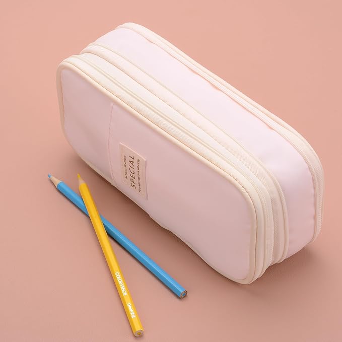 Large Capacity Canvas Pencil Case Organizer Holder Pouch Bag with Zipper Compartments, Pen Cases for Women Girls School Adults (Pink)
