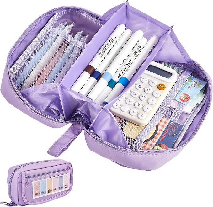 Large Pencil Case, Wide Opening Pencil Pouch with Zipper, Multi-layer Aesthetic Pen Bag for Teens Girls Women, Portable Pen Holder for Office College School (Purple)