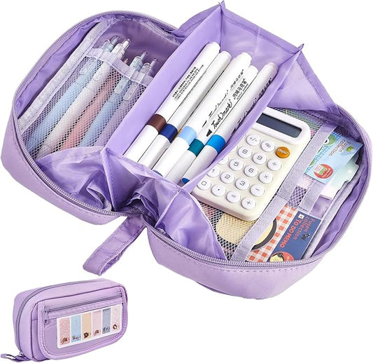 Large Pencil Case, Wide Opening Pencil Pouch with Zipper, Multi-layer Aesthetic Pen Bag for Teens Girls Women, Portable Pen Holder for Office College School (Purple)
