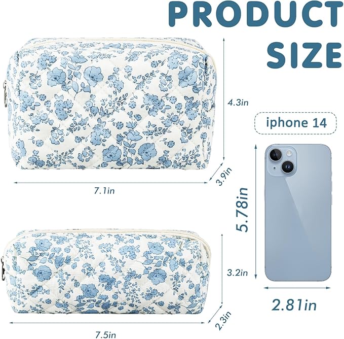 URSKYTOUS 2Pcs Floral Makeup Bag for Women Cotton Quilted Small Coquette Cosmetic Bag Cute Zipper Blue Flower Makeup Pouch Aesthetic Portable Pencil Case Travel Toiletry Bag Trendy Cloth Skincare Bag