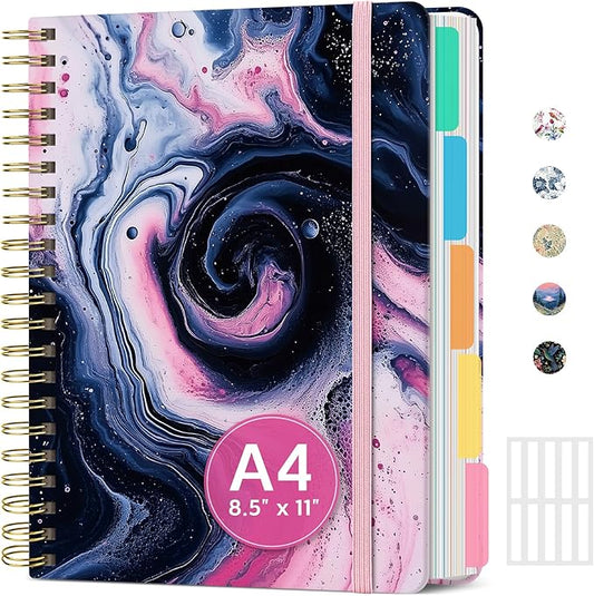 Large Lined Spiral Journal for Women Cute Hardcover 5 Subject Notebook for Work 8.5" x 11" with Removable Dividers & Tabs, College Ruled, 280 Pages Aesthetic Journal for Work, School & Note Taking, Pink Vortex