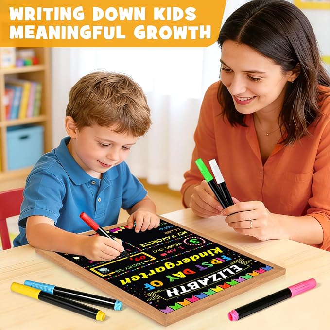 First & Last Day of School Signs with 6 Colorful Markers, 11 x 14 Inch Double Sided Back to School Board for Kids, Girls, Boys, Reusable Wooden 1st Day Chalkboard Sign of Preschool/Kindergarten