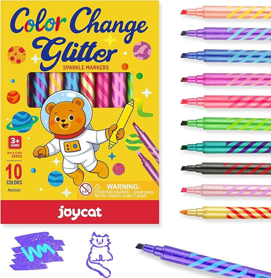 10 Pack Magic Glitter Color Changing Markers, Jumbo Dual Tip Markers with Color-Coded Barrels , Double Ended Chisel Tip Marker Set, Non-Toxic Kids Art Supplies for Drawing & Coloring, Stationery Sets