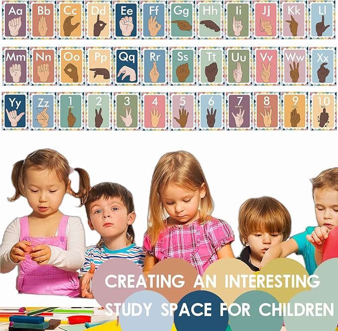 YIYDONG 36 Pieces ASL Alphabet Line Bulletin Board Set ABC Number Sign Language Flash Cards Wall Decorations for Pre-School Kindergarten Elementary Classroom Nursery Homeschool (Bohemia)