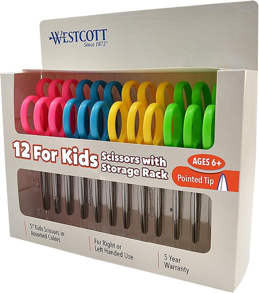 Westcott Right & Left-Handed Scissors For Kids - Back to School Essentials, Classroom Must Haves, Art Supplies - 5-Inch Pointed Safety Scissors - Assorted Colors - 12 Pack (ACM13141)