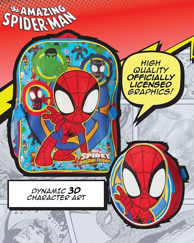 Fast Forward Spiderman Boys Backpack and Lunch Box Set - 14 Inch Schoolbag Backpack with Lunch Box for Preschool Kindergarten, Spidey Red/Blue