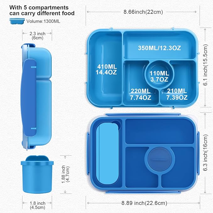 Amathley Bento Box Adult Lunch Box Kids,Lunch Containers for Adults/Kids/Toddler,5 Compartments Bento Lunch Box with Sauce Vontainers,Microwave & Dishwasher & Freezer Safe,BPA-Free (Blue)