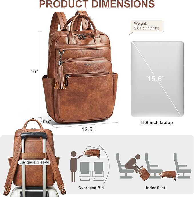 Shrrie Laptop Backpack for Women 15.6 inch Travel Leather Backpack Purse Work Computer Backpacks for Business College Brown