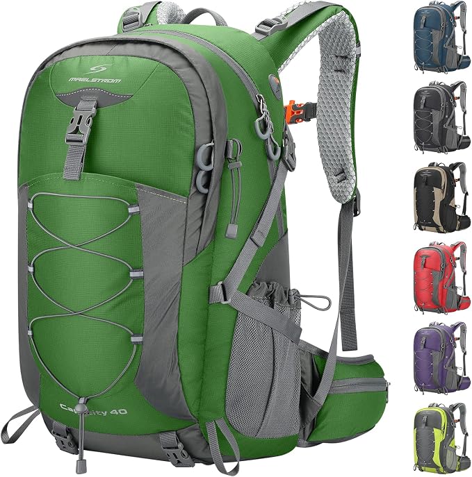 Maelstrom 40L Hiking Backpack, Lightweight Camping Daypack with Rain Cover | Water-Resistant Rip-Stop Nylon, Wet/Dry Separation, Multi-Pockets, Survival Whistle. Ideal For Men, Women, Travel, Trekking
