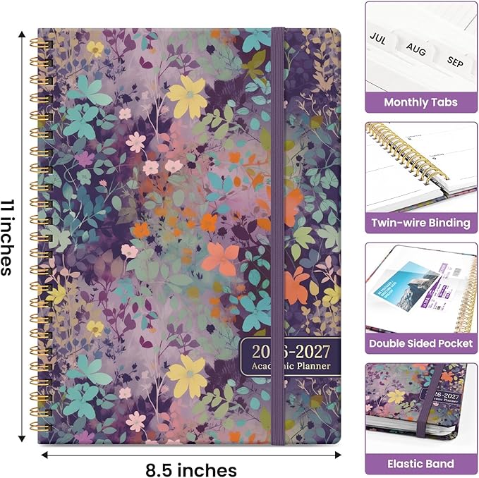 Planner 2026-2027, Academic Year Weekly and Monthly Calender Planner, from Jul 2026 - Jun 2027, Spiral Bound School Planning Book, Perfect for Teacher, Student, Women & Men, A4 (8.5" x 11"), Lavendar Floral