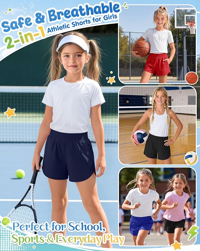 4 Pack Girls Athletic Shorts 2 in 1 Quick Dry High Waist Tween Shorts with Liner Kids Back to School Running Shorts