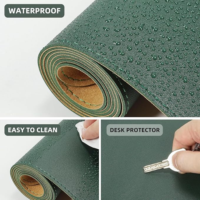 AFIING Cork Desk Mat 35.4" x 17", Dual-Sided Natural Cork & PU Leather Desk Pad, Non-Slip Waterproof Large Mouse Pad for Office, Home & Gaming (Dark Green)