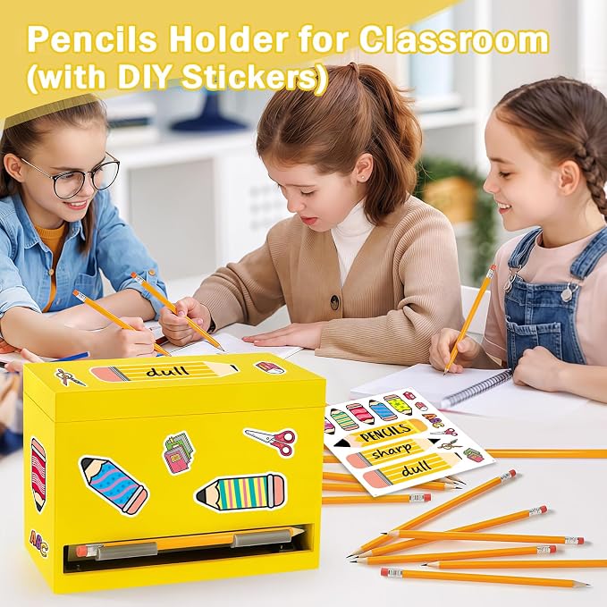 Aigybobo Pencil Dispenser for Classroom, Wooden Desk Pencil Holder, Yellow | Teacher Must Haves, Classroom Organization, Wooden Dispenser for Pencils or Straws, for Offices, Kitchens, Restaurants