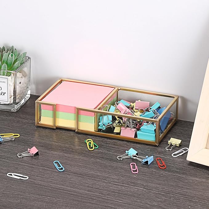 BTSKY Golden Glass 2 in 1 3x3 Inch Sticky Note Holder, Elegant Post It Note Dispenser Paper Clip Holder with Non-Slip Pads Clear Notepad Holder for Desk Organization Planning, Home Office Decor