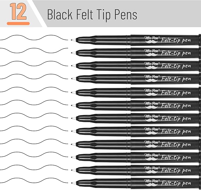 Mr. Pen- Felt Tip Pens, 12 Pack, 0.7 mm, Black Felt Tip Pens, Fast Dry, No Smear, Planner Markers for Underlining, Writing, Drawing, Journaling Supplies