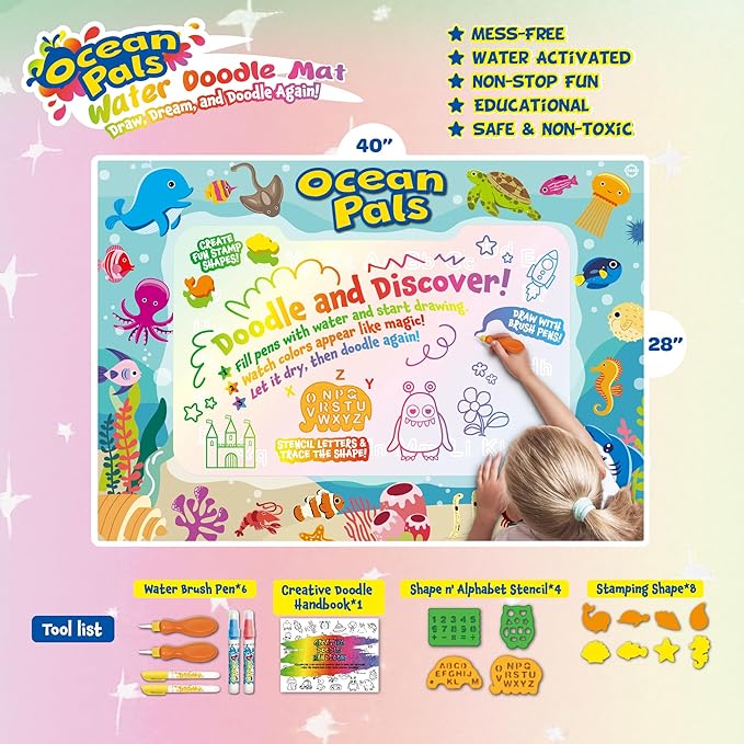 ANIMOLDS Water Doodle Mat 40″ × 32″ – Aqua Magic Drawing Board for Toddlers & Kids | Alphabet Safari Theme Educational Art Play Mat | Reusable, Mess-Free Water Painting Toy