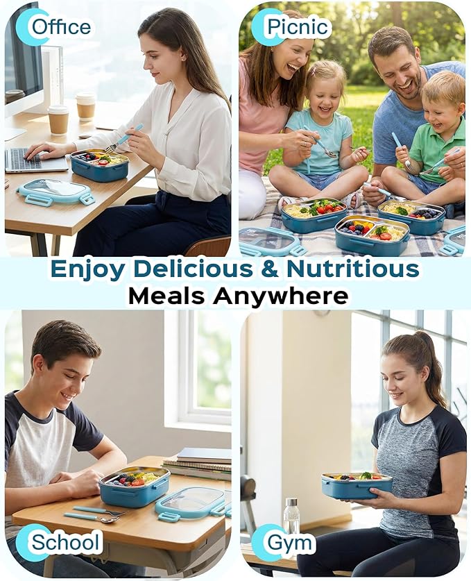 Lille Home 28oz Stainless Steel Leakproof 2-Compartment Bento Lunch Box/Portion Control Food Container with Lunch Bag and Cutlery Set, BPA Free (Light Blue)