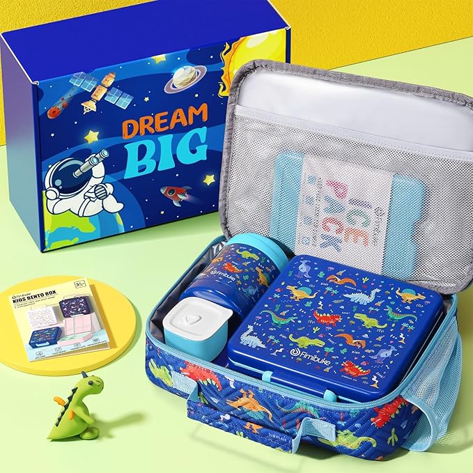 Fimibuke Kids Bento Snack Lunch Box with 4 Compartment, Insulated Lunch Bag, Stainless Steel Vacuum Thermo Food Jar, Ice Pack, Utensils Set, Birthday Gifts for Age 3-12 Back to School Toddler Girl Boy