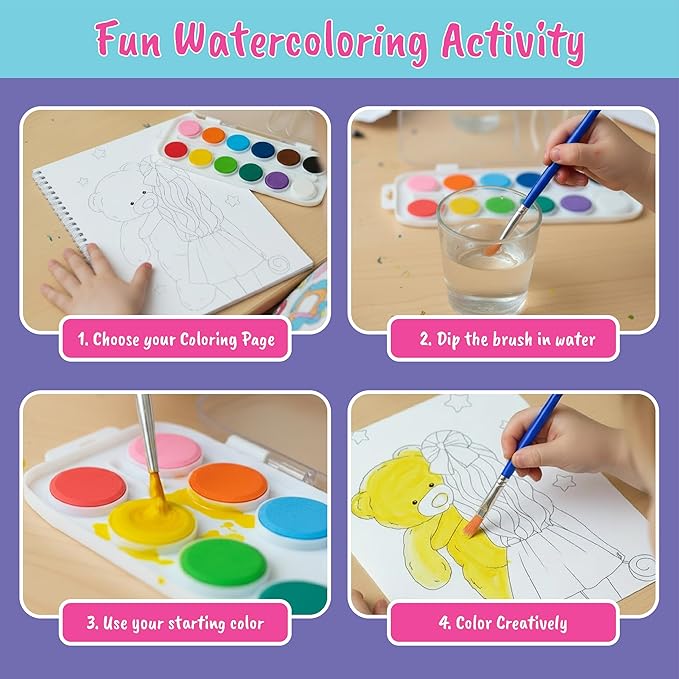 Water Coloring Book for Beginners Painting Kits for Kids Ages 5 and Up, Watercolor Paint Book with 12 Paint Palettes, 1 Brush, and Guides, Fashion Painting for Girls with 15 Pre-Drawn Models