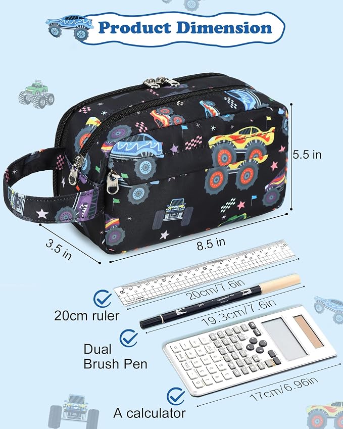 CAMTOP Cute Pencil Case for Boys, Large Capacity Pencil Pouch with 3 Compartments Pen Organizer Kawaii Pencil Box Bag for School Travel Gifts