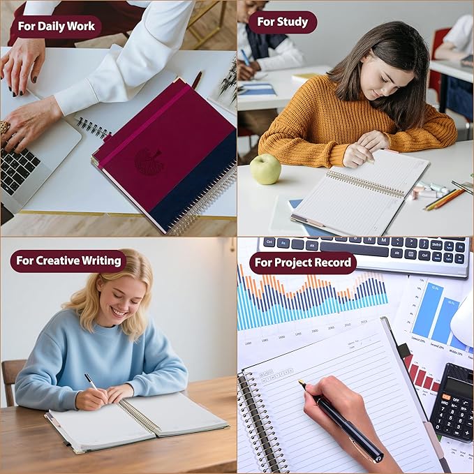 Yoment Hardcover Spiral Notebook 8.5" x 11" Leather 5 Subject Notebook College Ruled with Dividers Tabs 300 Pages Large Spiral Journal Notebooks for Work School Note-Taking Business, Burgundy