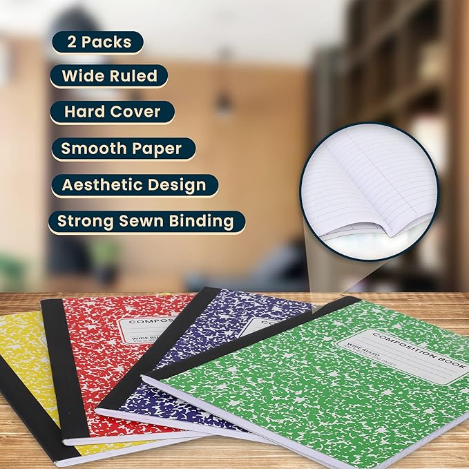Manaloom Vibrant Marble Composition Notebook Wide Ruled - 2 Pack - 100 Sheet Durable Sewn Binding Composition Books - 100 Sheets/200 Pages - Assorted Colors (may vary)