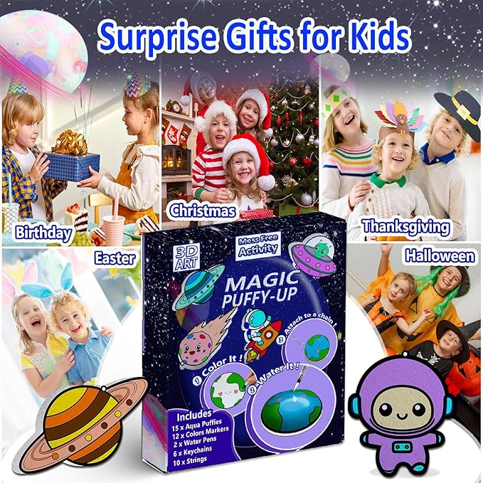 mom&myaboys 3D Aqua Puff Art Kit for Kids - Mess-Free Magic Water Painting Craft, DIY Color & Inflate Animals Activity, Creative Travel Gift for Girls & Boys Ages 4-10 (Outer Space)