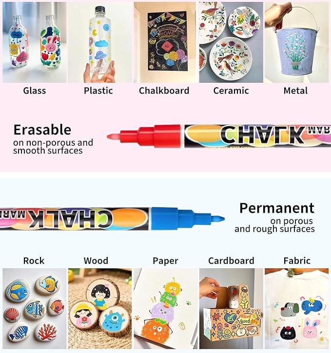 Extra Fine Tip Chalk Markers for Blackboard&Glass (Pack of 24, 1mm Tip), Liquid Chalk Pens for Dry Erase Board, Washable Markers Paint and Drawing for Chalkboards, Windows, Bistro, Cars, Signs