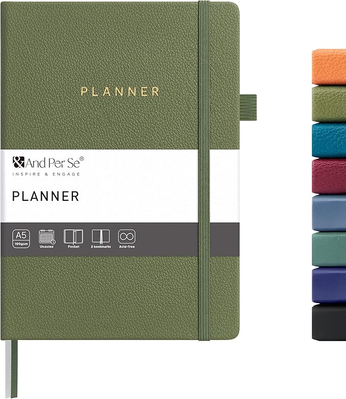 And Per Se Undated Planner, Weekly & Monthly Planner with Goal & Habit Tracker, A5 Leather Hardcover Productivity Journal for Academic Year (Olive Green)