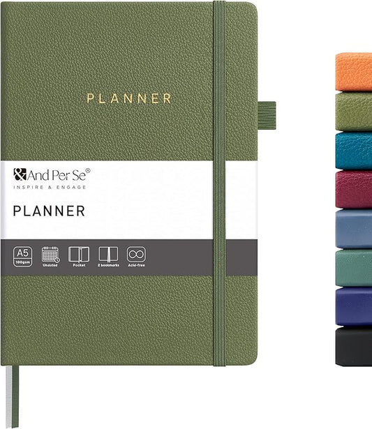 And Per Se Undated Planner, Weekly & Monthly Planner with Goal & Habit Tracker, A5 Leather Hardcover Productivity Journal for Academic Year (Olive Green)