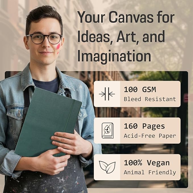 BROWNSTONE JOURNALS A4 Sketch Book Hardcover - 80 Sheets 100 GSM Paper 8.5"x11.5", Lay Flat, Vegan Leather Cover, Elastic Band, Back Pocket, Art Drawing Book (Dartmouth Green)