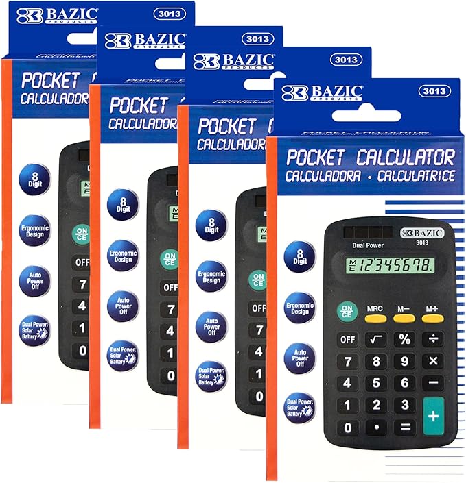 BAZIC Products 8 Digit Pocket Size Calculator, Dual Power Solar & Battery, LCD Display, Mini Small Basic Standard Function Calculators, Black Color, 4-Pack