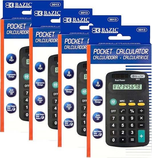 BAZIC Products 8 Digit Pocket Size Calculator, Dual Power Solar & Battery, LCD Display, Mini Small Basic Standard Function Calculators, Black Color, 4-Pack