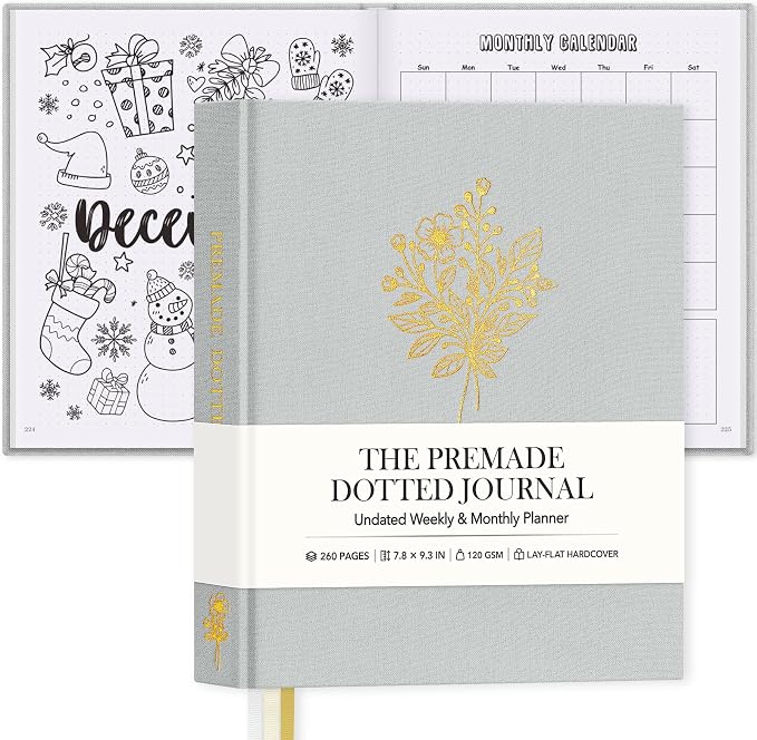 Everloria Premade Dotted Journal Notebook, 12 Months Pre-made Bullet Templates, 260 Hand-Drawn Coloring Pages, Undated Weekly & Monthly Planner, 7.8"x9.3" Linen Dot Grid Habit Mood Tracker, Gray