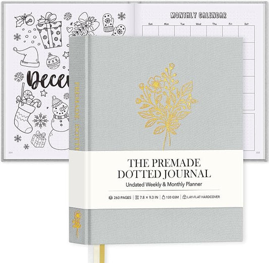 Everloria Premade Dotted Journal Notebook, 12 Months Pre-made Bullet Templates, 260 Hand-Drawn Coloring Pages, Undated Weekly & Monthly Planner, 7.8"x9.3" Linen Dot Grid Habit Mood Tracker, Gray
