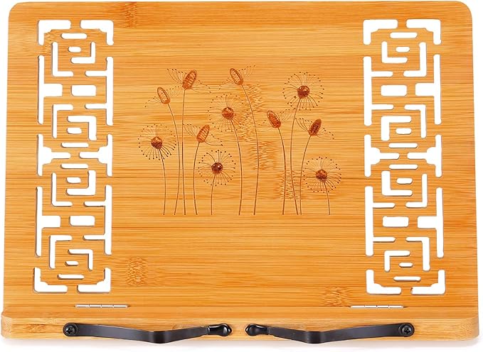 MEGREZ Book Stand for Reading (13.2 x 9.4 inch) Bamboo Cookbook Stand Holder for Kitchen, Adjustable Book Holder Stand for Tablet/Textbook Holder/Hollow Bookrest Stand, Dandelion