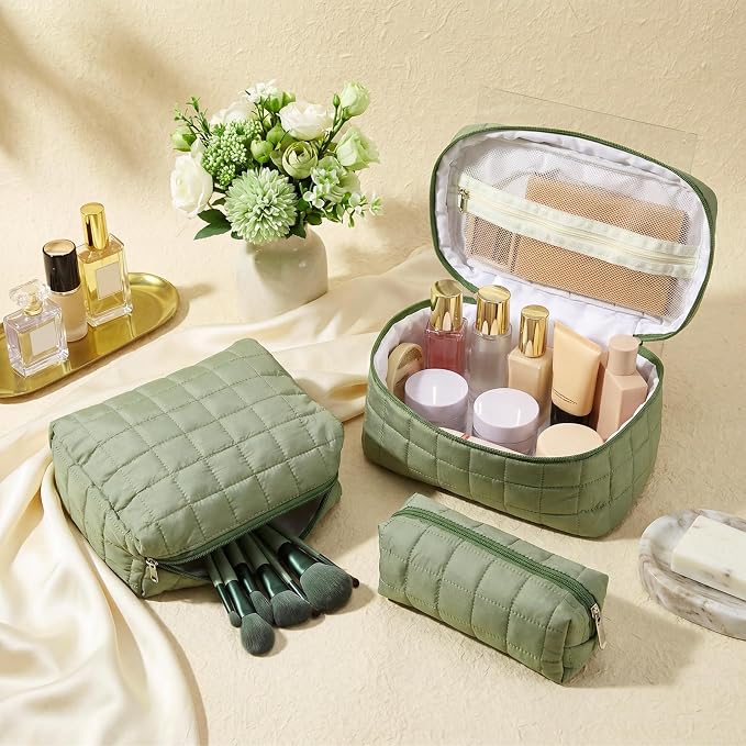 Huhumy 3 Pcs Large Puffy Makeup Bag Set Quilted Cosmetic Pouch for Women Cute Checkered Travel Toiletry Bag Puffer Makeup Organizer Purse Pouch Preppy Pencil Case with Zipper Valentine Gift(Green)