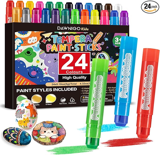 24 Colors Tempera Paint Sticks,Washable Paint Sticks for Kids,Non-Toxic,90s Quick Drying, Allergen Free and High Coverage Solid Tempera Paint Stick,Ideal Gifts for Kids and Toddlers