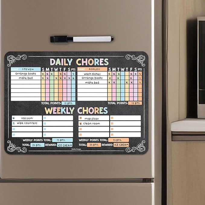 Hadley Designs Magnetic Chore Chart for Kids Multiple - Chores Board for Refrigerator, Dry Erase Task Chart for 2 Kids Daily Behavior, Family Weekly Planner for Teen and Adults, Chalkboard Chore Board