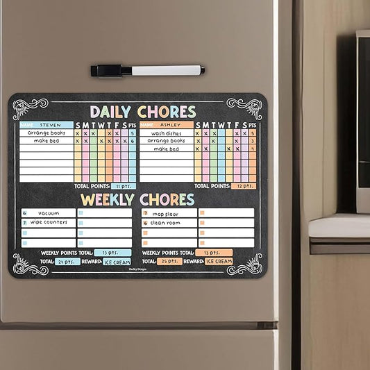Hadley Designs Magnetic Chore Chart for Kids Multiple - Chores Board for Refrigerator, Dry Erase Task Chart for 2 Kids Daily Behavior, Family Weekly Planner for Teen and Adults, Chalkboard Chore Board
