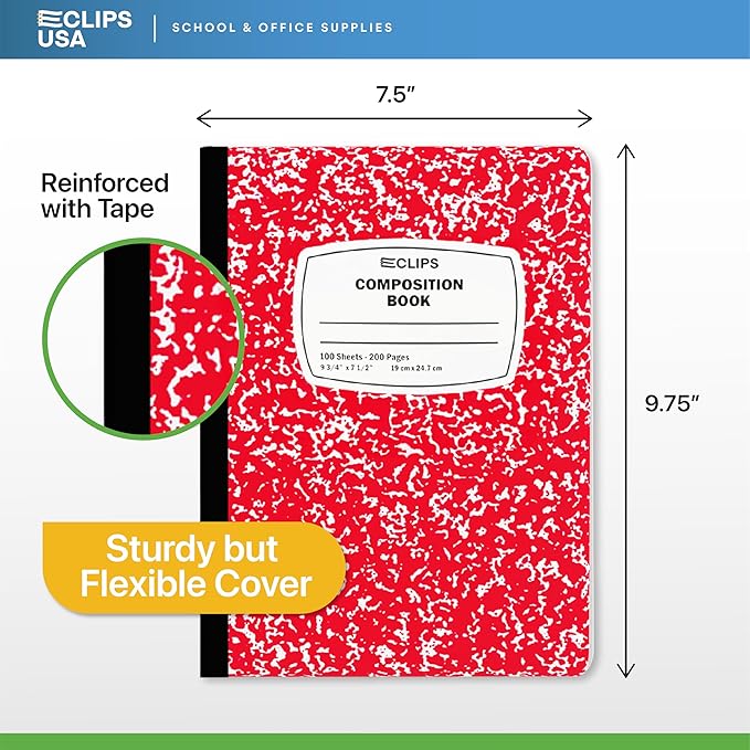 Composition Notebook Wide Ruled Composition Notebooks Bulk Red Marble Hard Cover Wide Ruled Notebook Paper Note Books For Schools Marble Composition Books 100 Sheets 200 Pages 9.75” x 7.25” (48 Pack, Red)