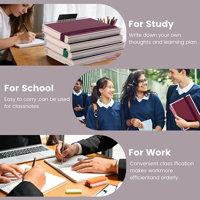 Yoment 5 Subject Notebook College Ruled, 300 Pages Spiral Notebook with Removable Divider Tabs，Hardcover 8 x 10 Inches College Ruled Journal 1 Inner Pocket for School College Work Office Home,Red
